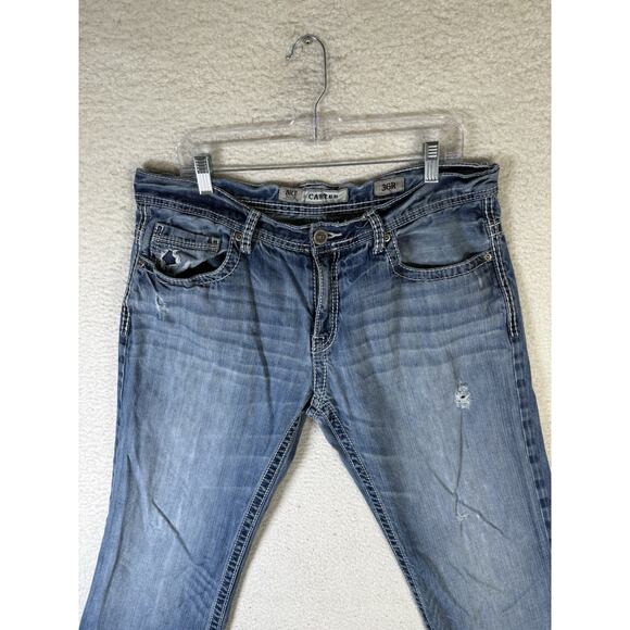 Buckle BKE Carter Jeans Mens 36R 36x31 Blue Straight Distressed Thick Stitch - Picture 2 of 16